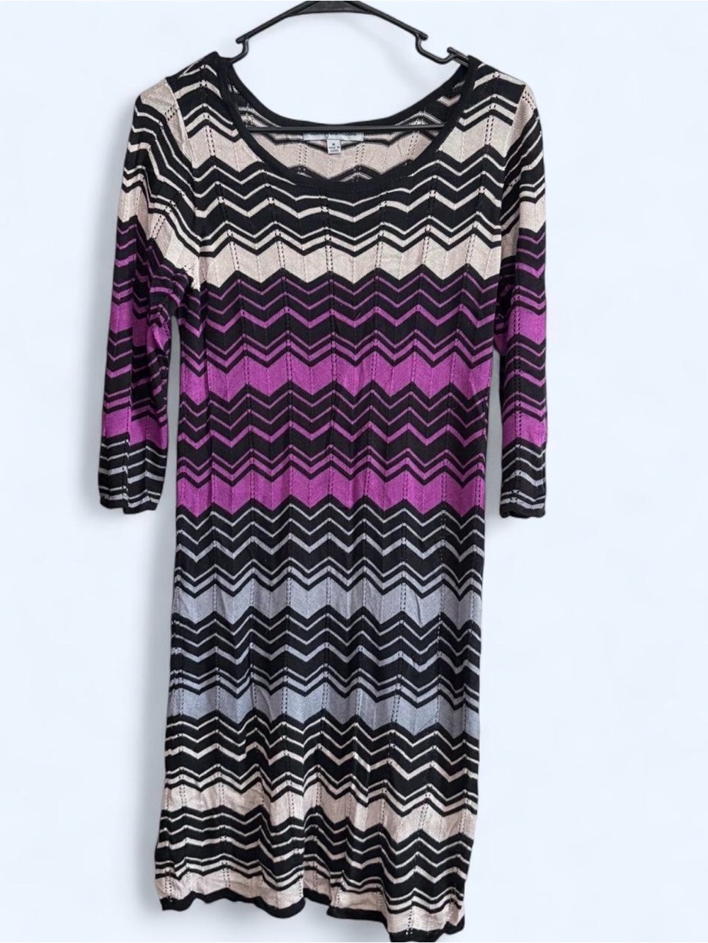 Danny & Nicole Purple Chevron Knit Long Sleeve Dress with Black and Cream